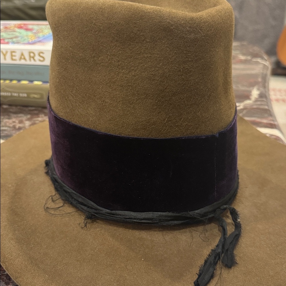 Teressa Foglia Wool Tall Crown Custom Fedora Western Cowboy Hat Brown and Purple - Picture 3 of 10